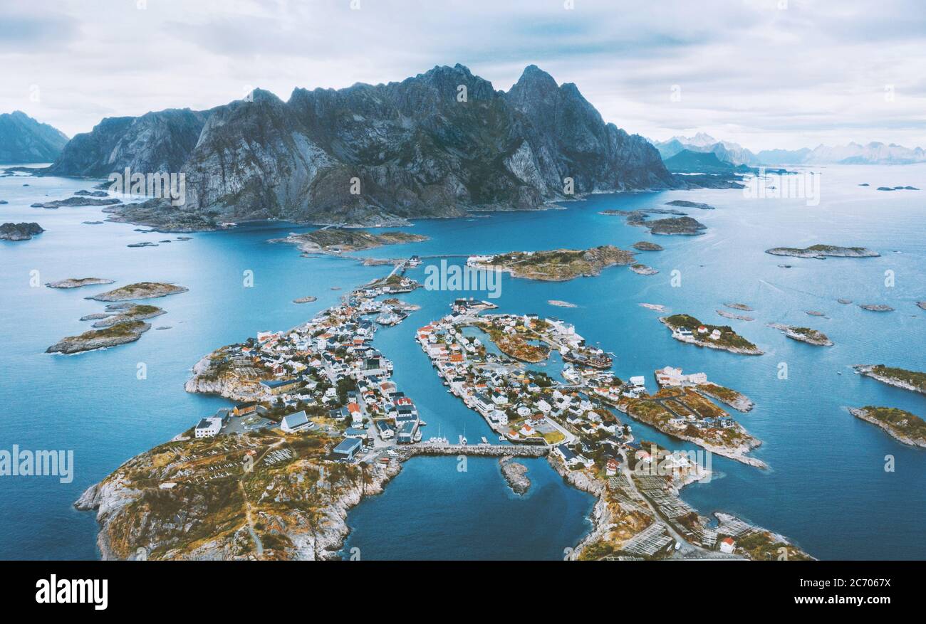 Henningsvaer village aerial view in Norway Lofoten islands landscape  mountain rocks and sea moody nature drone scenery famous travel  destinations Stock Photo - Alamy