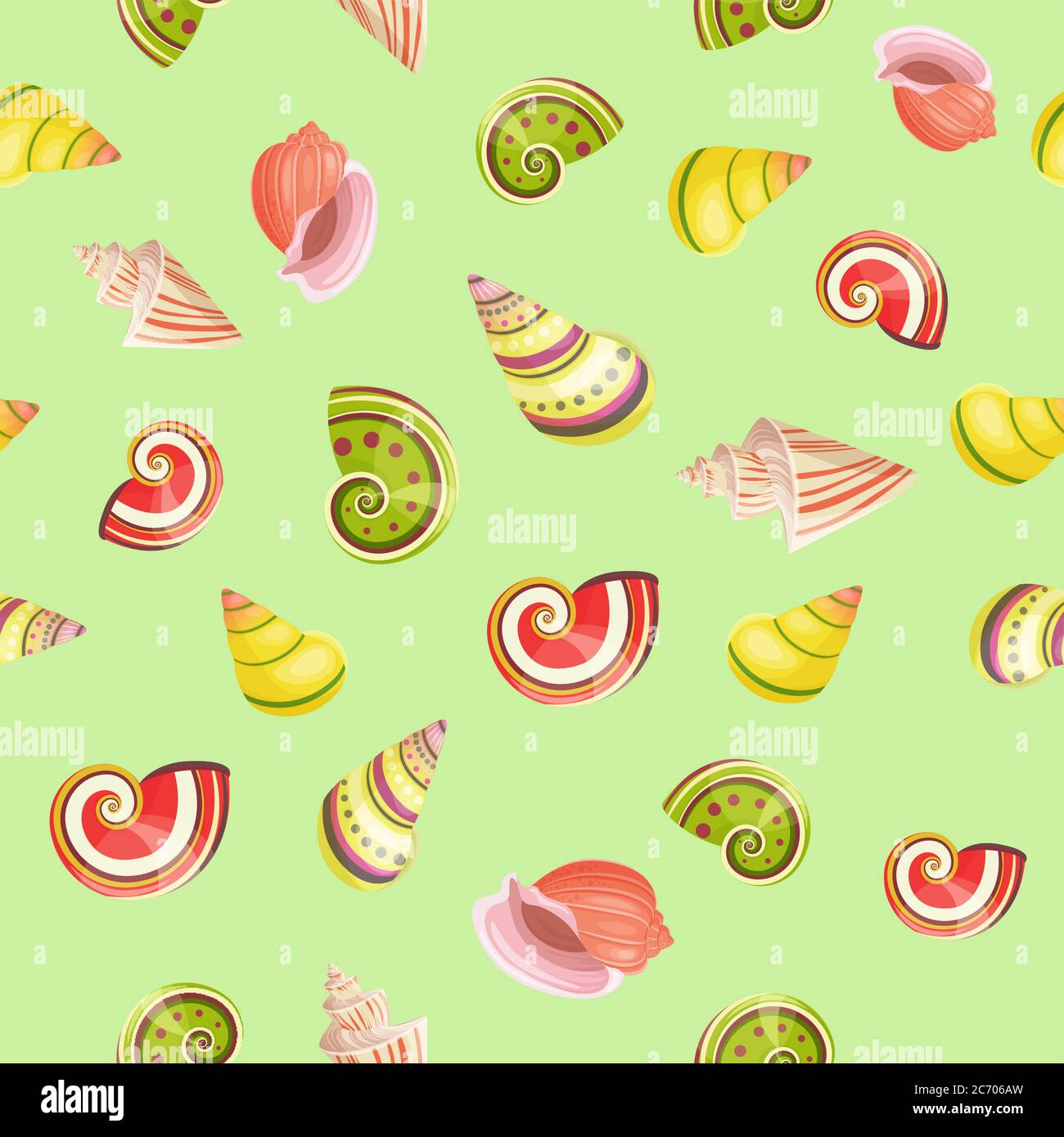 Seashells seamless vector realistic pattern colored isolated Stock Vector