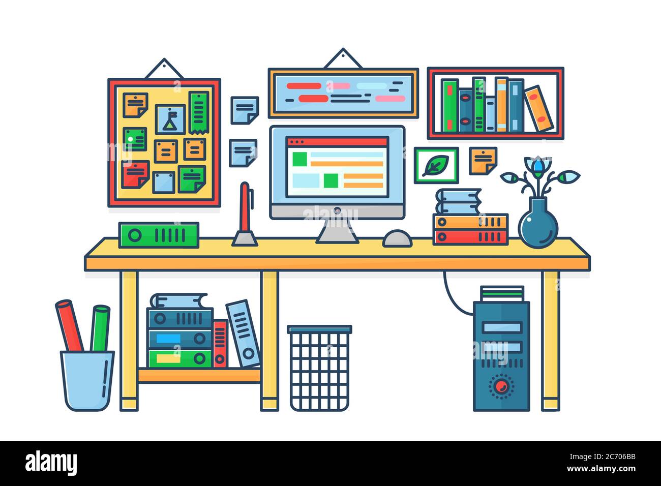 Vector illustration of a computer placed on an office desk. Room table ...