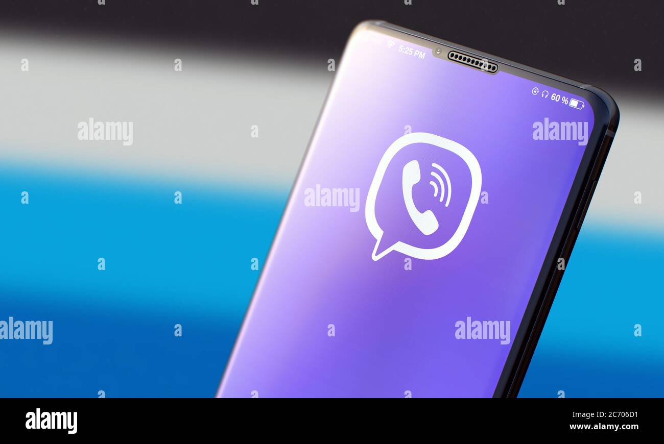 KYIV, UKRAINE-JUNE, 2020: Viber. Studio Shot of Smartphone with Viber Mobile Application on Blurred Back. Stock Photo