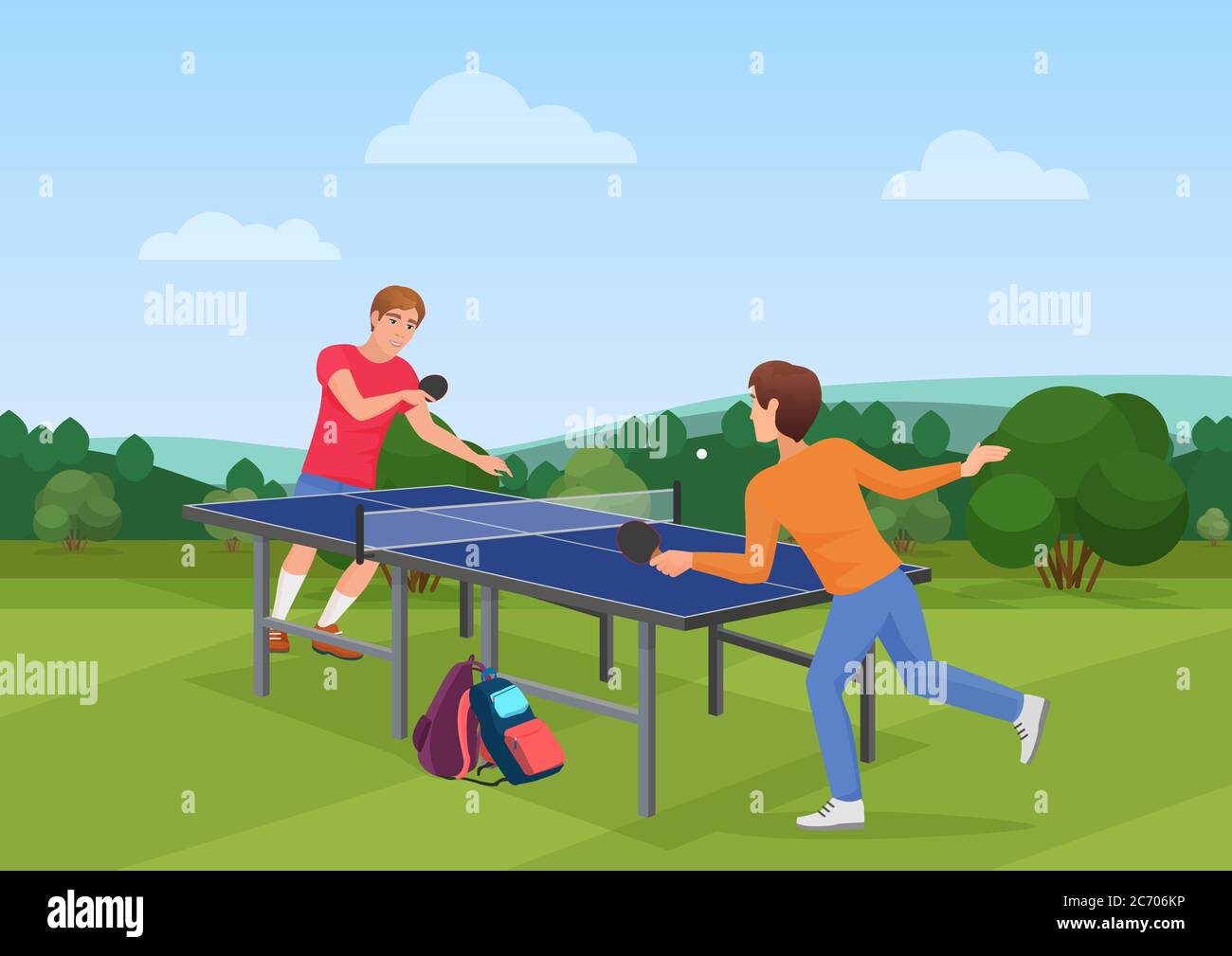 Table tennis pingpong match on the nature. The vector illustration of two friends playing ping pong Stock Vector
