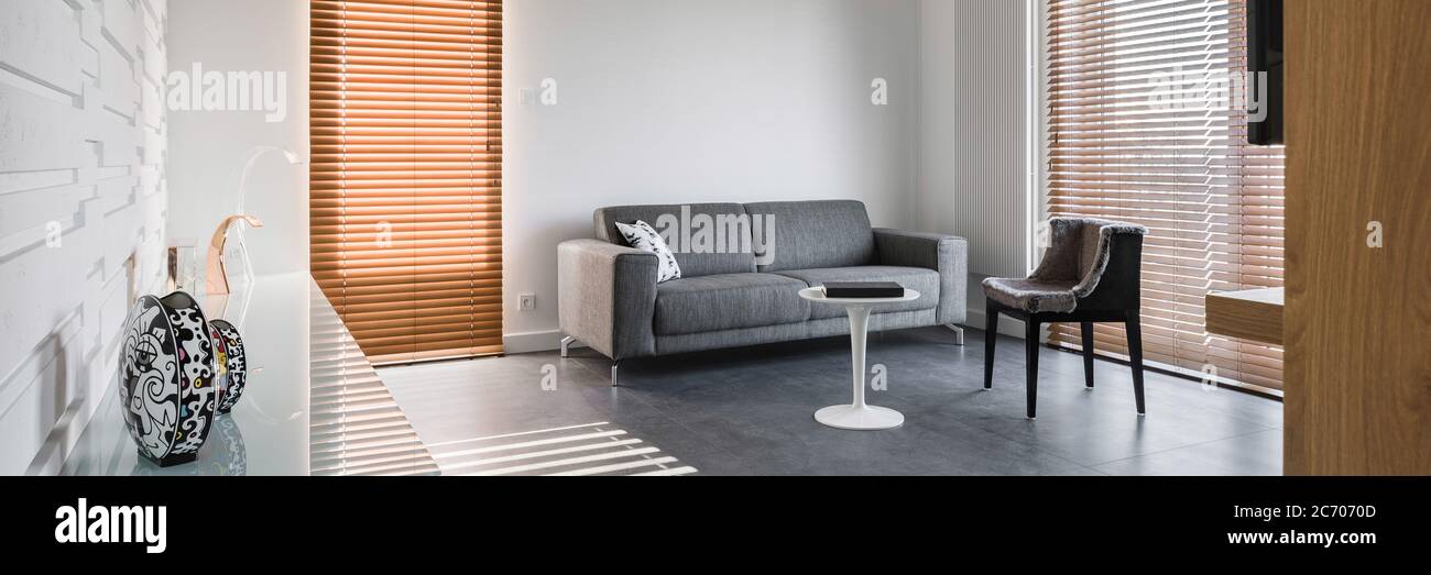 Panorama of spacious living room with stylish furniture and wooden details Stock Photo