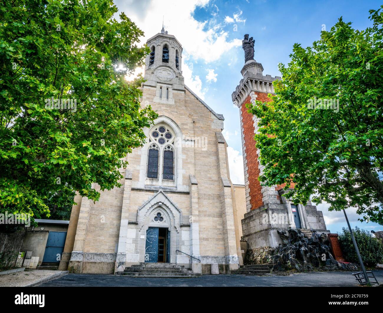 Front view of Notre-Dame de Pipet chapel a church with a statue of the Virgin Mary in Vienne Isere France Stock Photo