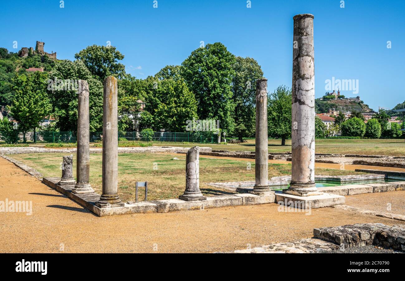 Ruins of ancient Roman buildings and houses in the archeological Gallo-Roman site of Saint Romain en Gal Vienne France Stock Photo