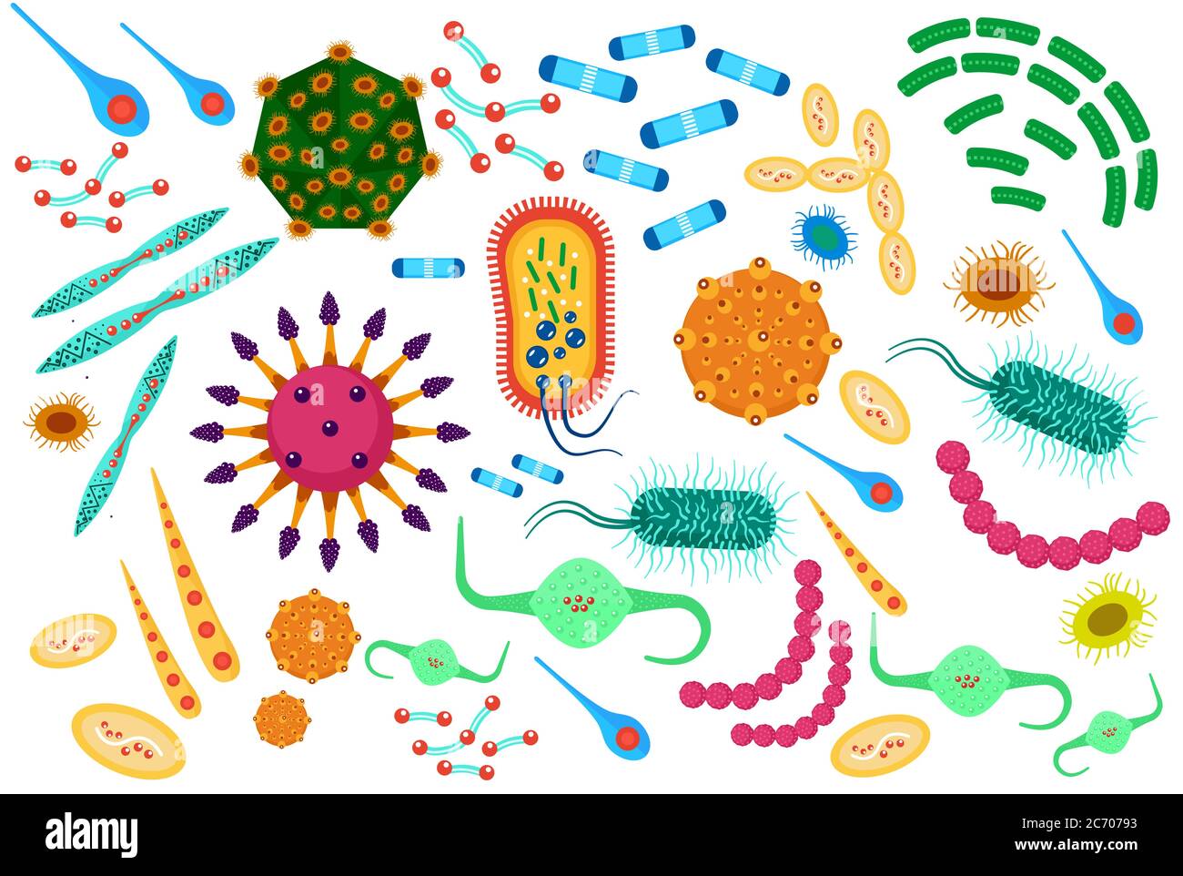 Virus bacteria icons set. Cartoon flat color vector illustration Stock Vector