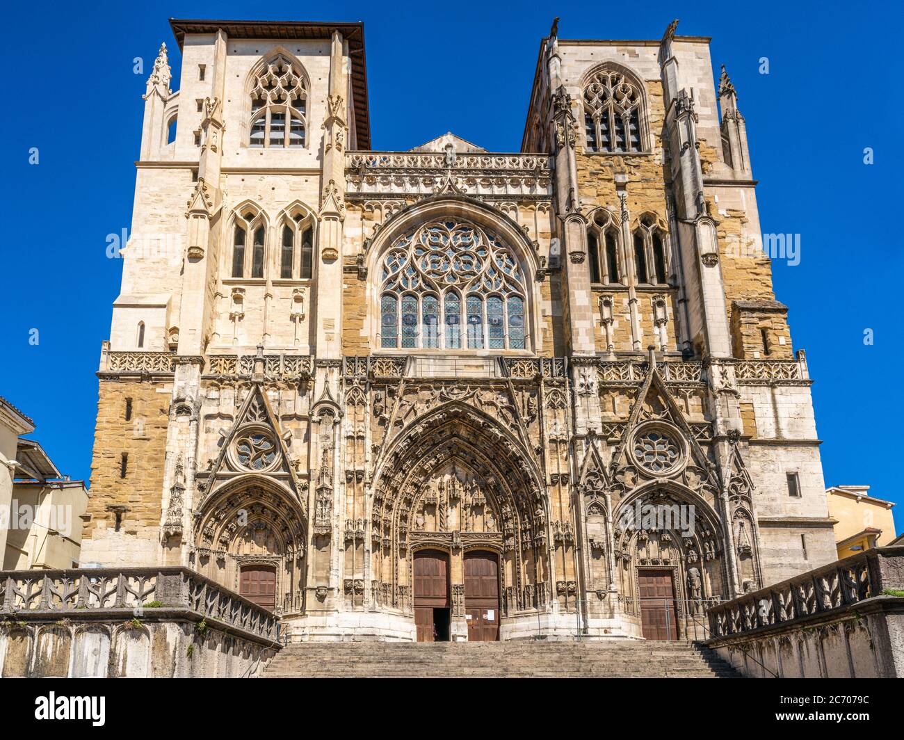 Front facade view of the Saint Maurice Cathedral a medieval Roman Catholic Church in Vienne Isere France Stock Photo
