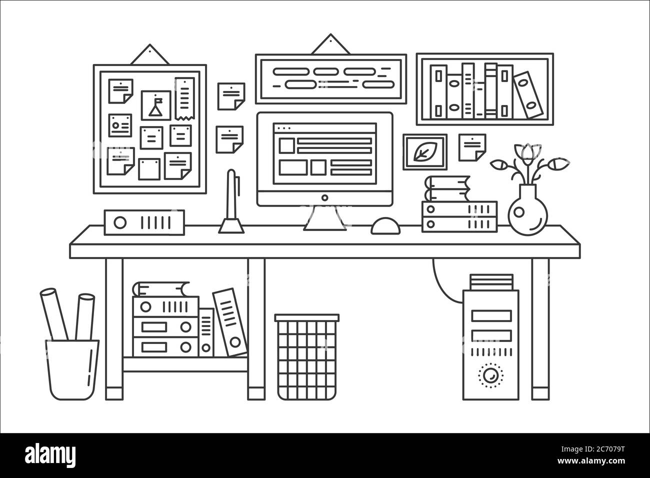Linear office table with computer workspace and other equipment in office interior illustration. Thin line web banner template Stock Vector