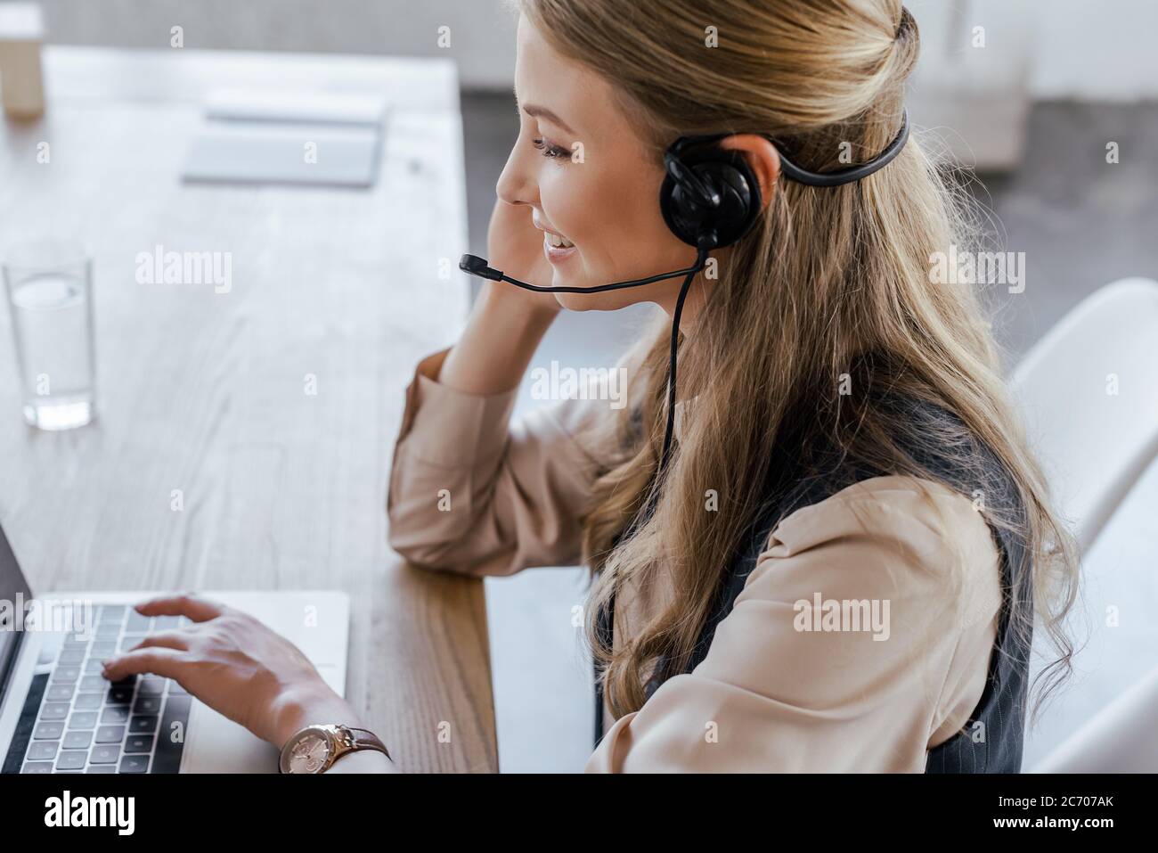 Side view cheerful operator hi-res stock photography and images - Alamy
