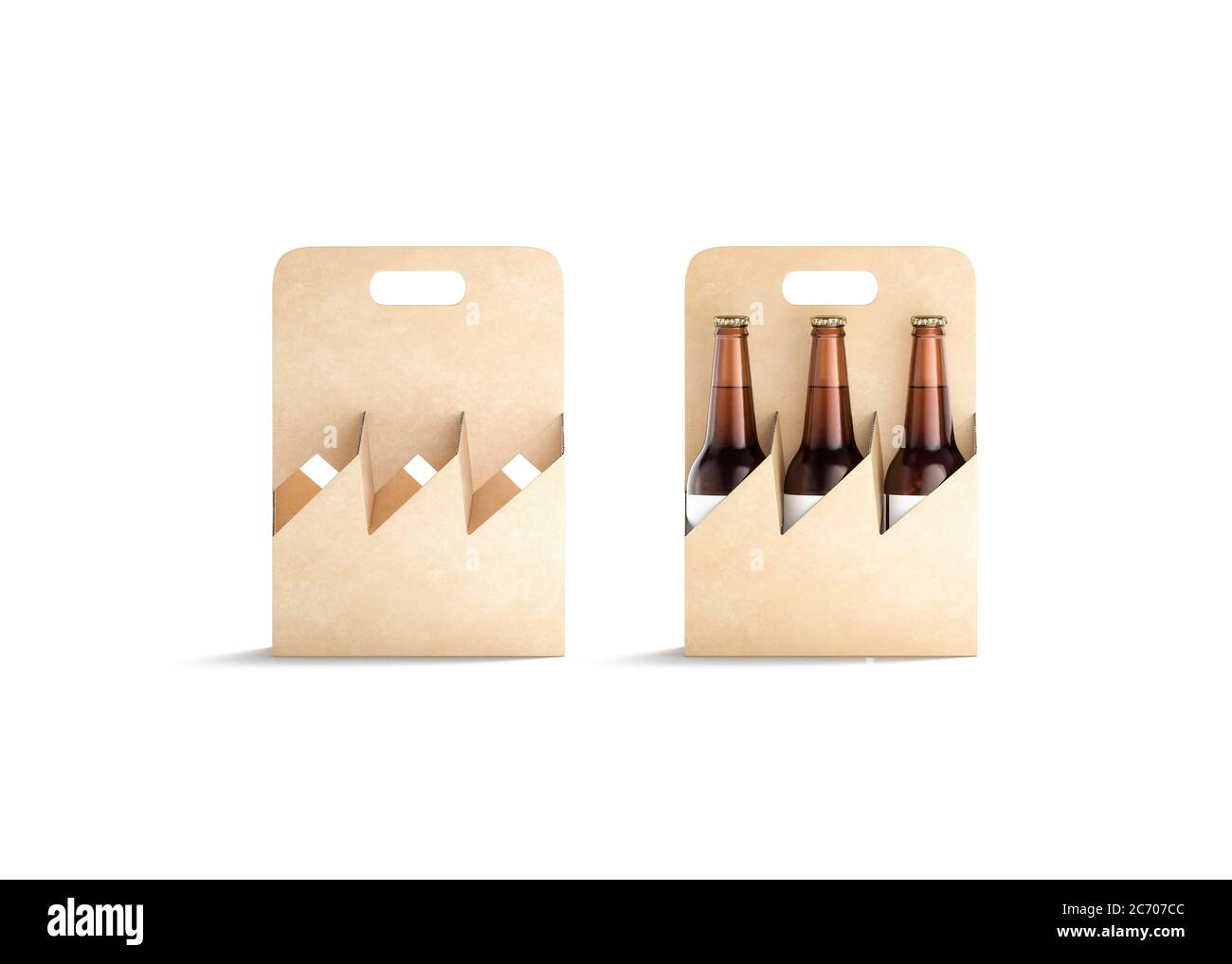 Blank craft glass beer bottle cardboard holder mockup, front view Stock