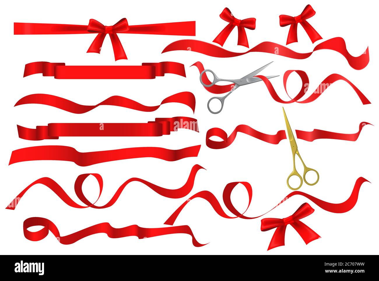 Metal chrome and golden scissors cutting red silk ribbon. Realistic opening ceremony symbols Tapes ribbons and scissors set. Grand opening inauguration event public ceremony Stock Vector
