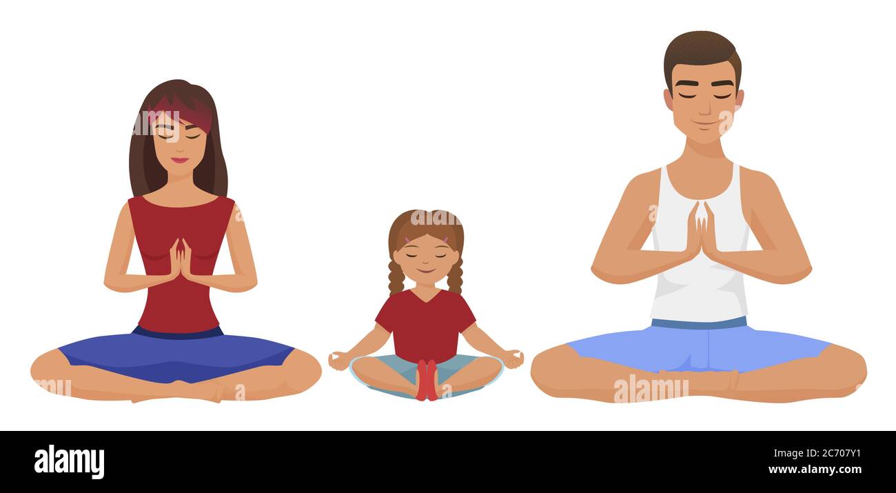 Young white family Yoga vector illustration. Lotus position isolated Stock Vector