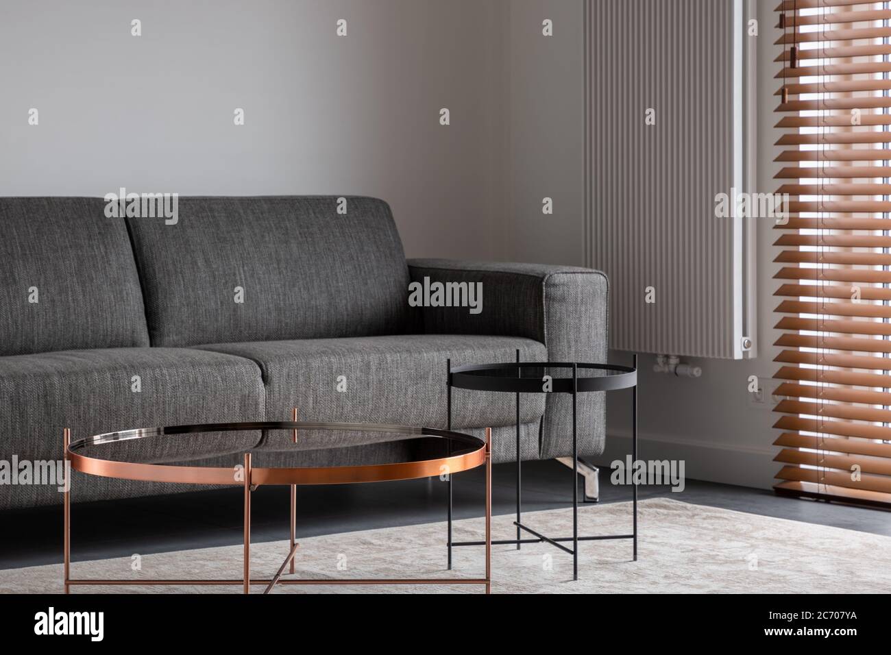 Stylish living room with gray couch and two metal coffee tables Stock Photo