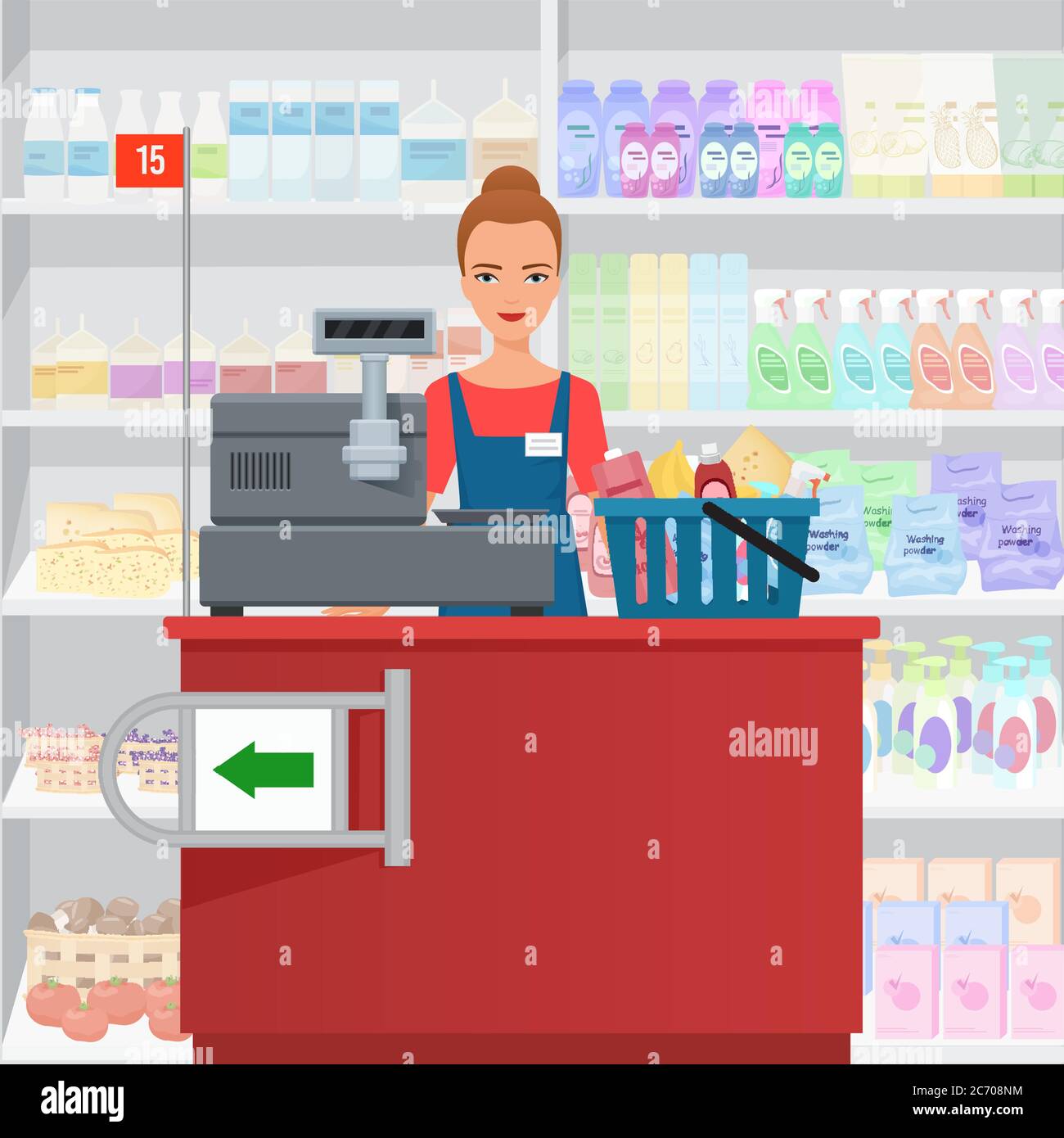 Saleslady woman cashier standing at checkout in supermarket Stock Vector
