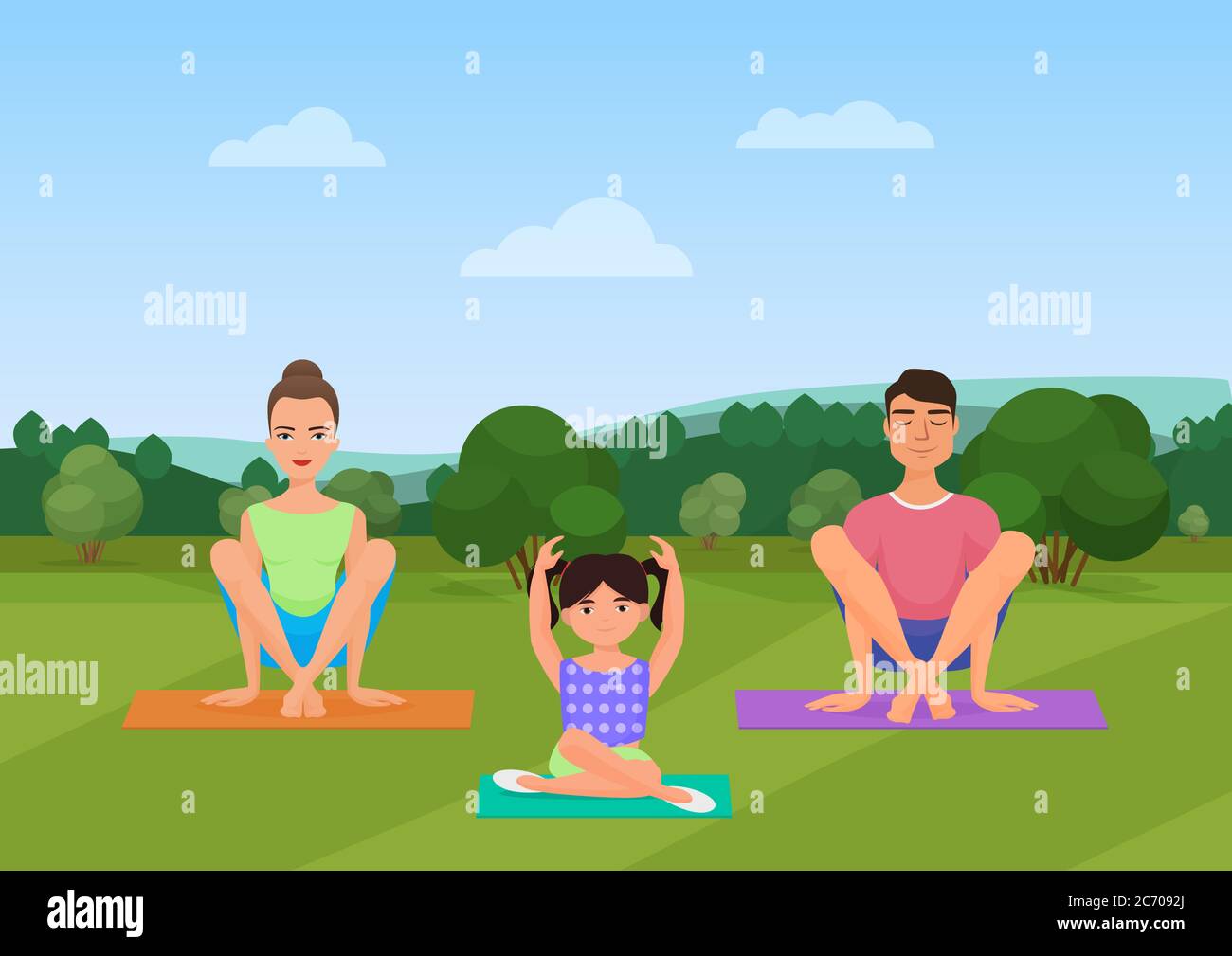 Parents with kid does yoga various exercises. Family yoga vector illustration Stock Vector