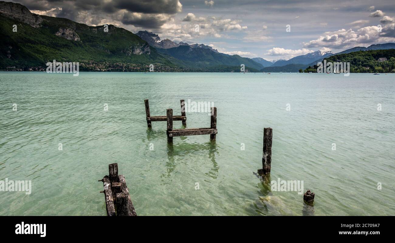 Pontoon on Annecy lake, Haute-Savoie department, Haute Savoie, Auvergne Rhone Alpes. France Stock Photo