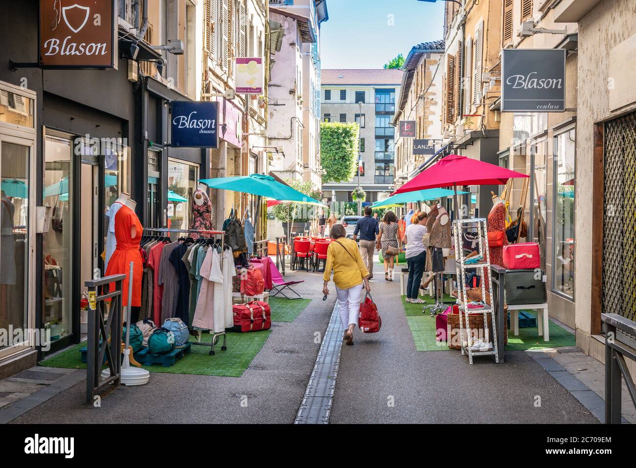 Vienne France , 11 July 2020 : People in pedestrian shopping street in historic city center of Vienne Isere France Stock Photo