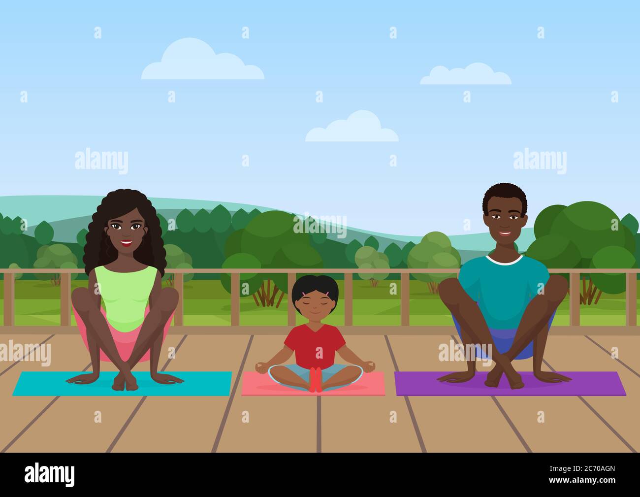 Vector illustration of the african american family meditating on the nature field background Stock Vector