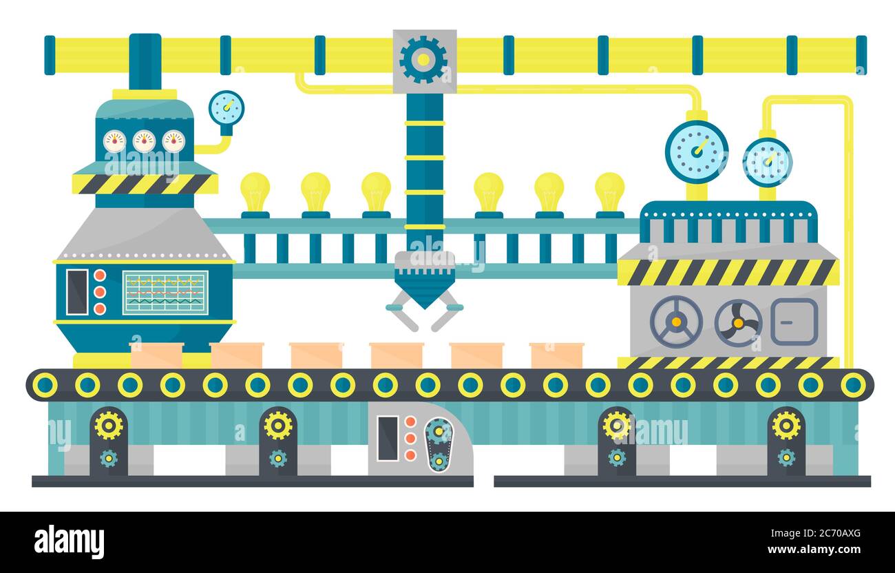 Factory conveyor industrial line packing cardboard boxes. Robotic conveyor belt system, Industrial machine, production line, engineering concept. Flat design vector illustration Stock Vector