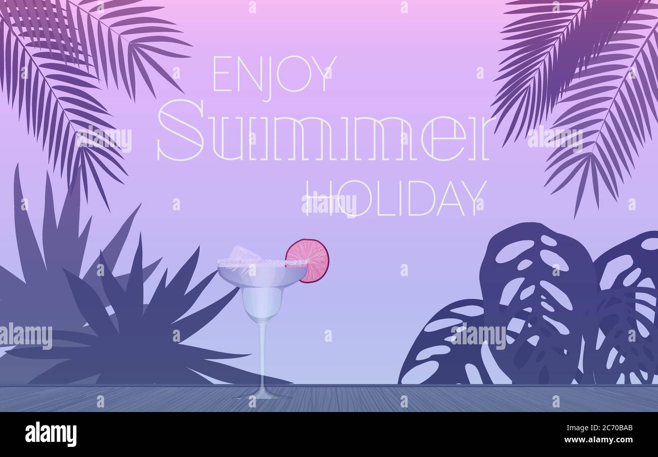 Vector illustration of glass of alcohol cocktail in evening and palm leaves with enjoy summer holiday text Stock Vector