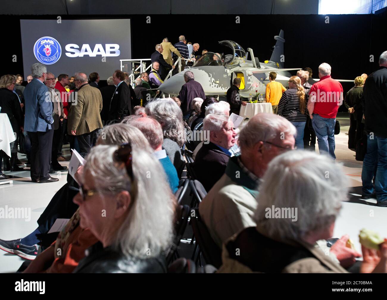 Linköping, Sweden 20160414 Saab AB held an Annual General Meeting for shareholders in Saab's hangar, Tannefors. Photo Jeppe Gustafsson Stock Photo