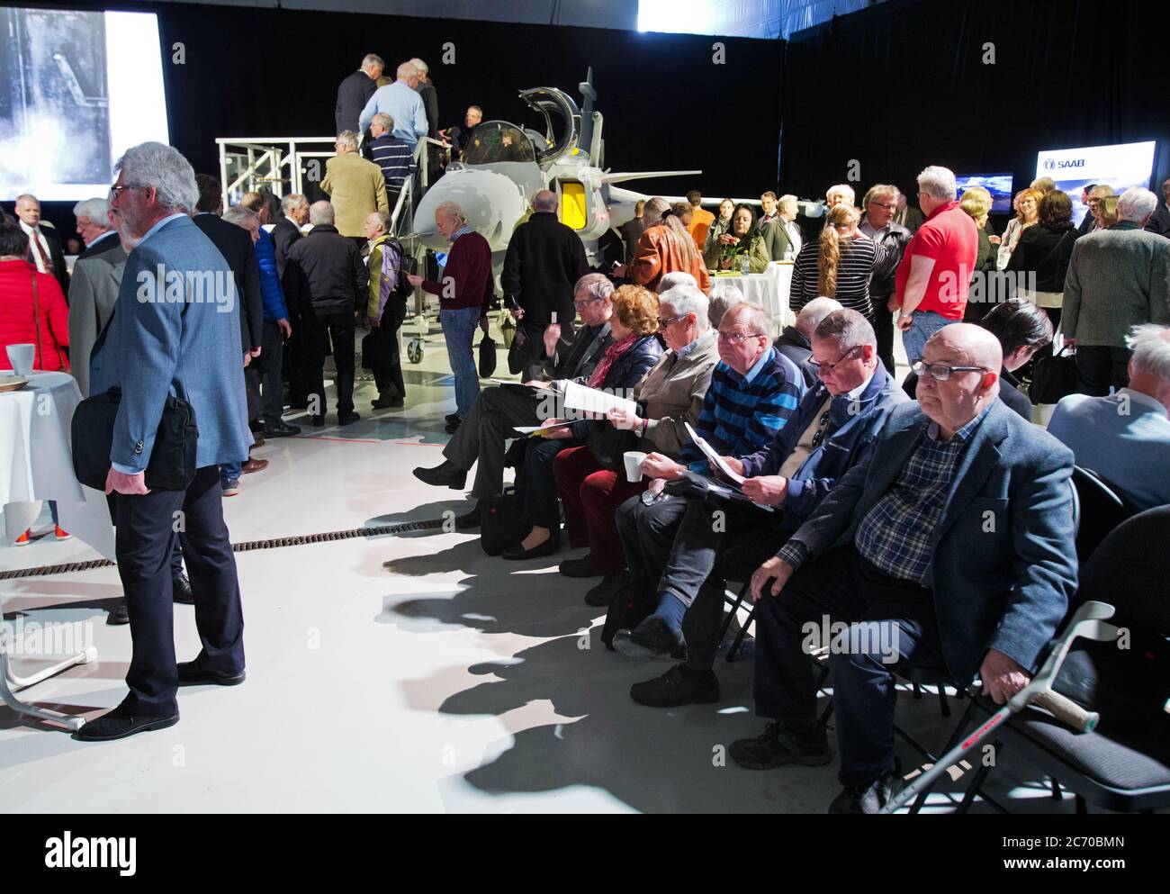 Linköping, Sweden 20160414 Saab AB held an Annual General Meeting for shareholders in Saab's hangar, Tannefors. Photo Jeppe Gustafsson Stock Photo