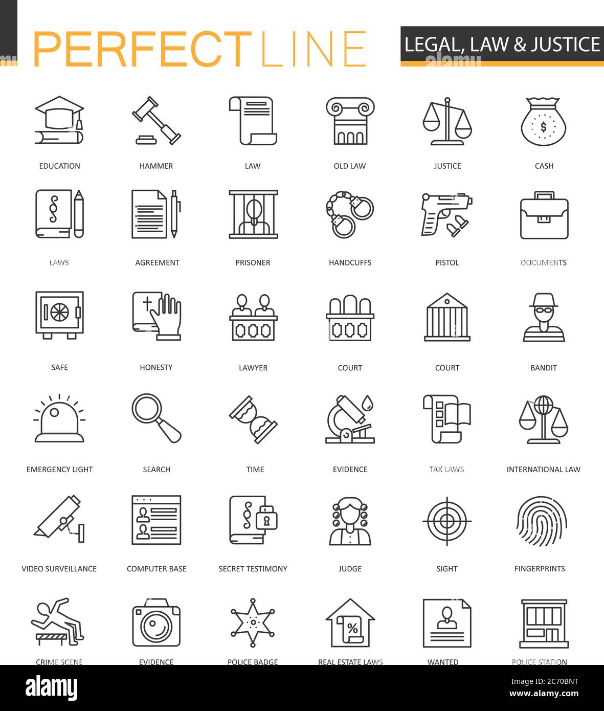 Black classic web Law and justice icons set isolated Stock Vector