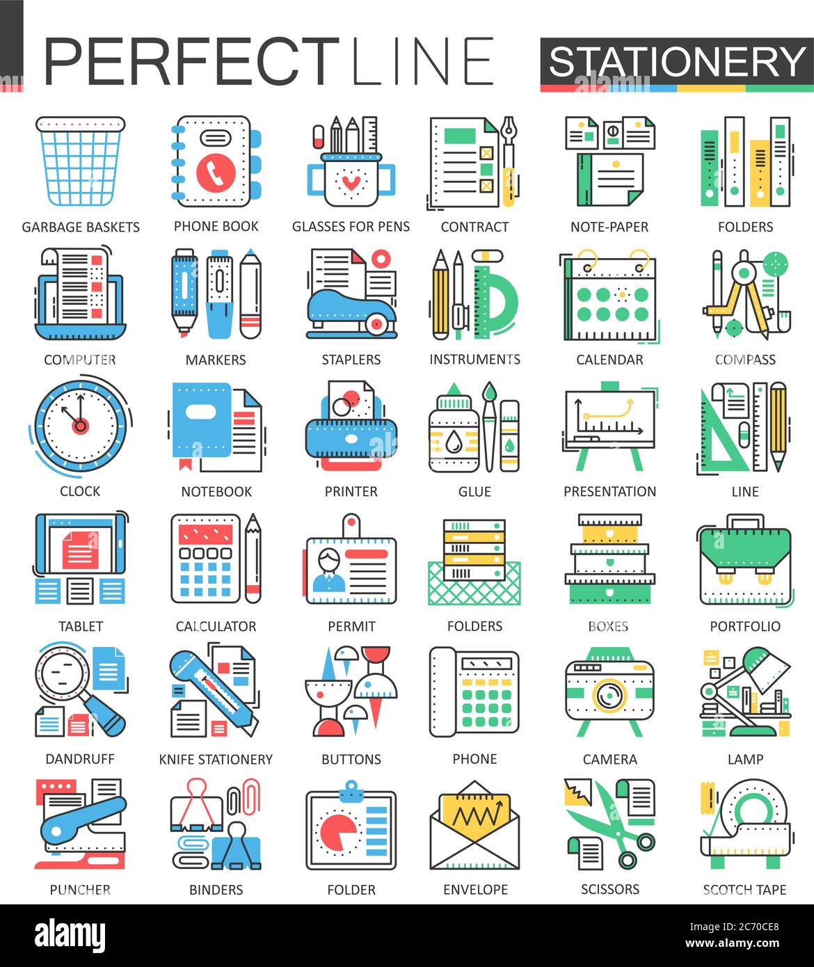 Office stationery - modern flat line concept symbols. Color outline ...