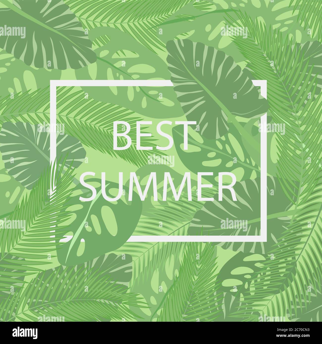 The best summer lettering in a frame on the background of fresh tropic green leaves poster. Modern Exotic banner Stock Vector