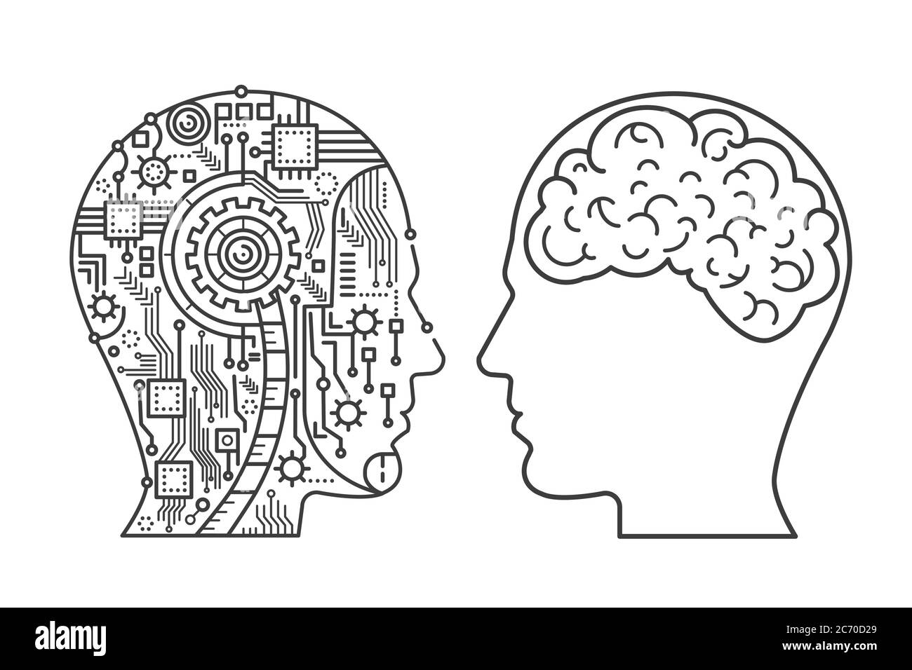 Outline stroke Machinery head of cyborg and the human one with the brain. Line style vector illustration Stock Vector