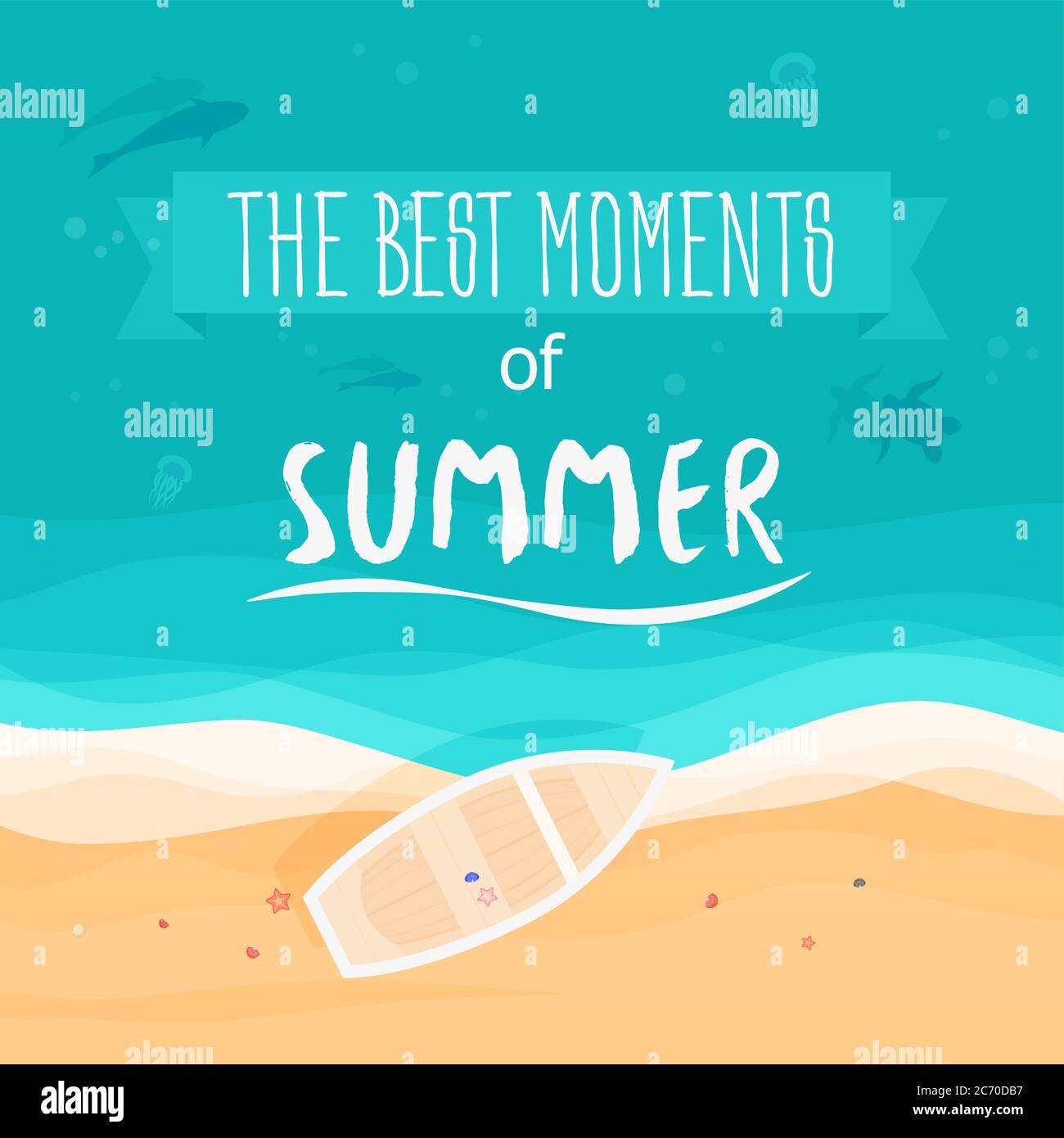 Top view of sea, boat, beach with sand. Top view. The best moments of summer. Vector illustration Stock Vector