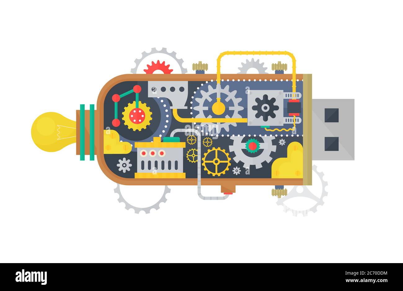 Vector illustration of USB flash drive with different small gears and lamps inside Stock Vector
