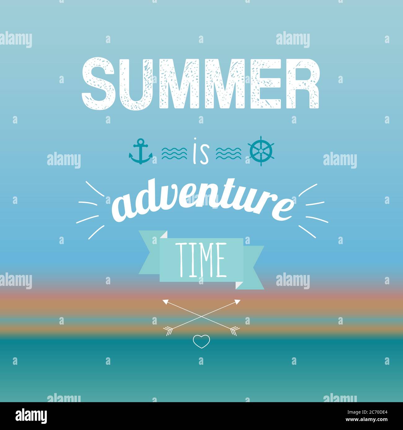 Vector illustration of summer is adventure time text on the turquoise background. Exotic banner, poster, flyer, card, postcard, cover brochure Vector illustration Stock Vector