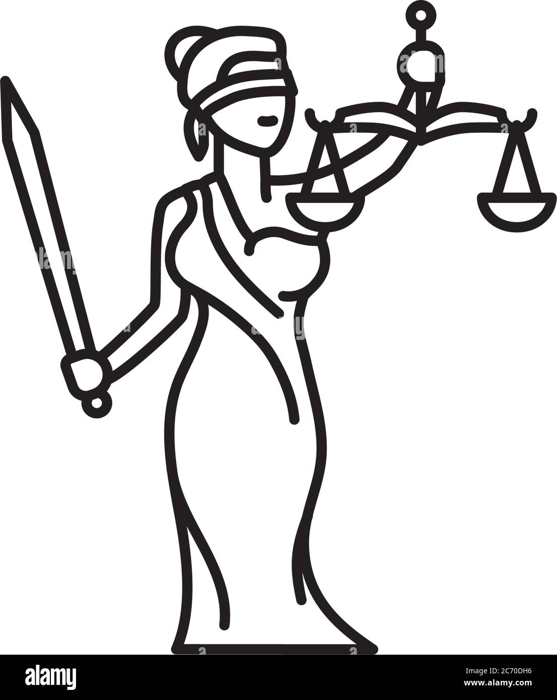 Lady Justice or Themis Femida, blindfolded with beam balance and sword, cartoon character vector line icon. Legal services and law outline symbol. Stock Vector
