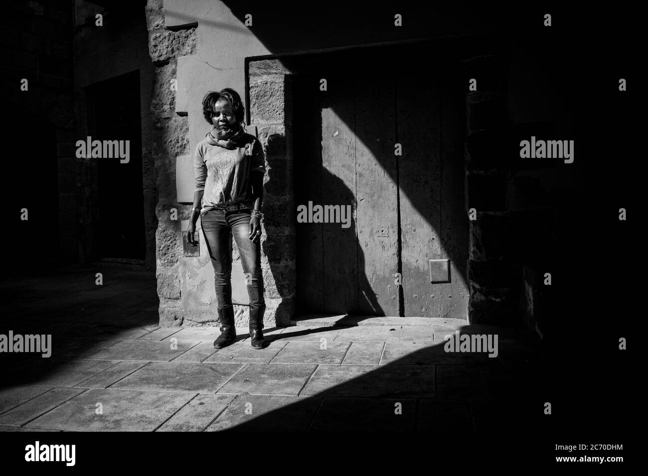 Portrait of Sofia Busky. Date: 24/10/2017. Photo: Xabier Mikel Laburu. Sofia owns a bar in Sanauja, originary from Nigeria, but living in Spain since 2003, she is a moderate independentist. She would wish to see the conflict soved through the negotiation of both sides. She also recognizes that the delicate situation are creating two ideological sides which are starting to show their differences  and being mildly hostile one with the other. She personally is going to vote for independence since she believes it is the best for Catalonia. Stock Photo