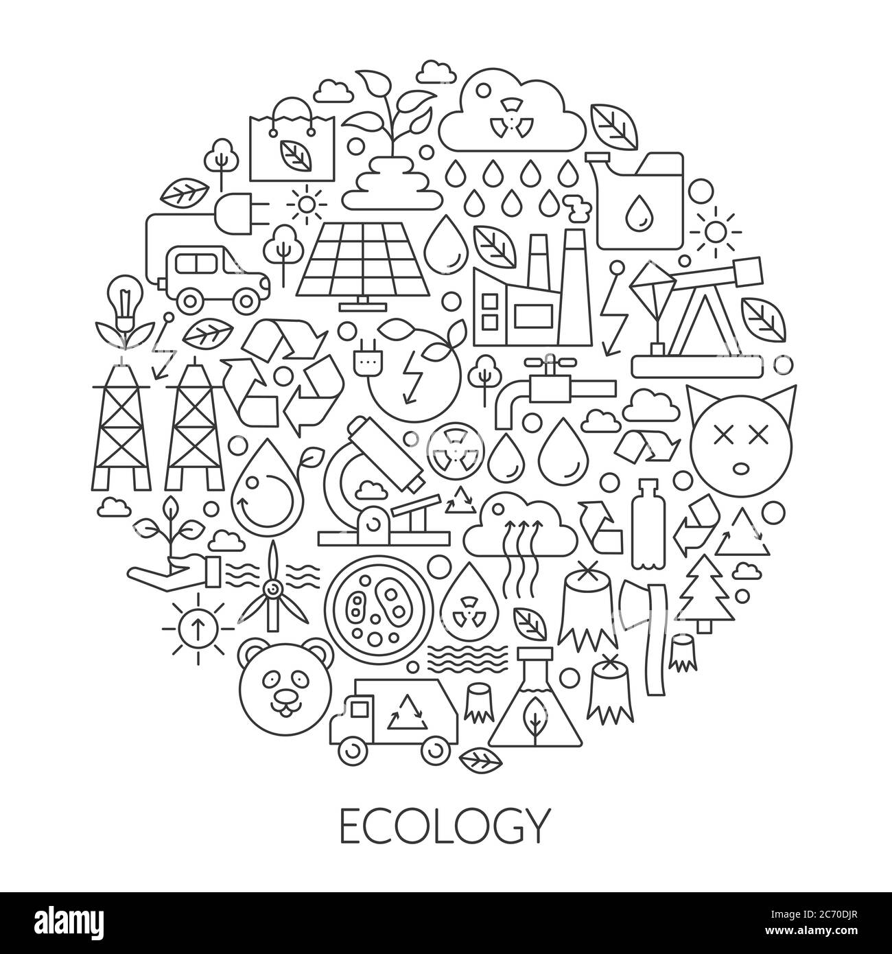 Ecology technology icons in circle - concept line infographic vector illustration for cover, emblem, badge. Outline icon set Stock Vector