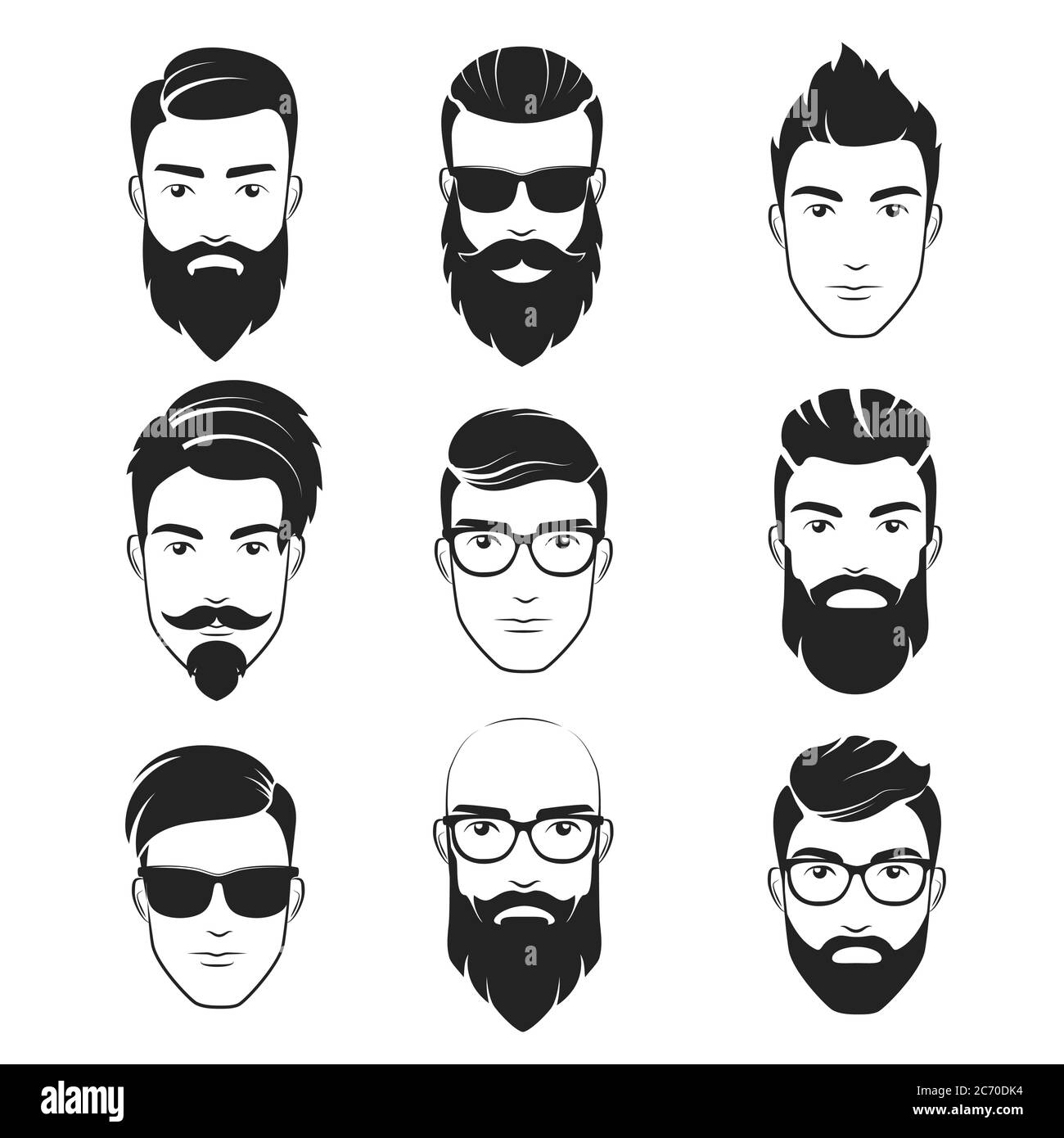 Set of vector bearded hipster men faces. Haircuts, beards, mustaches set. Handsome man emblems icons Stock Vector