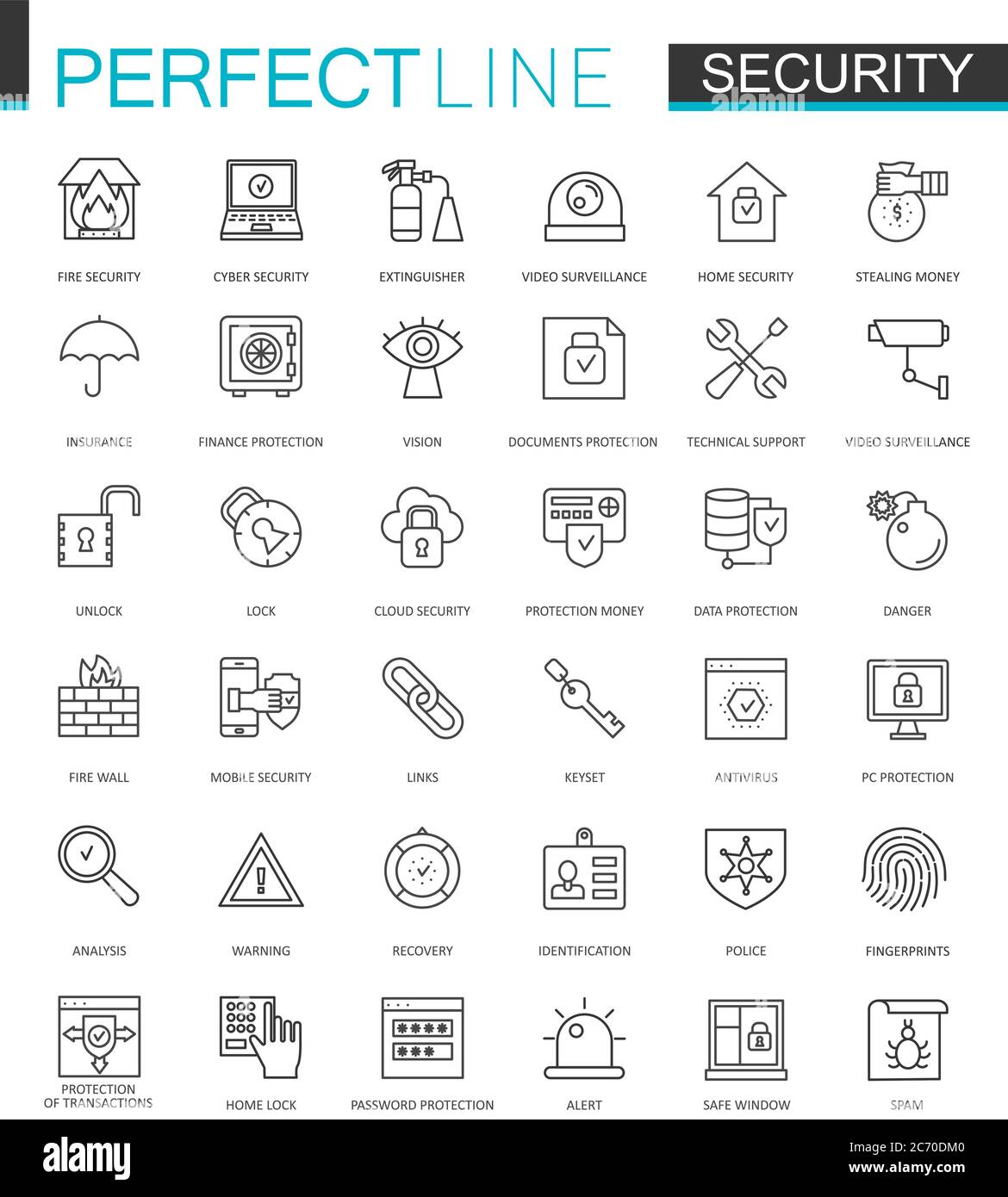 Security protection thin line web icons set. Data, web, personal and home security outline stroke icons design Stock Vector