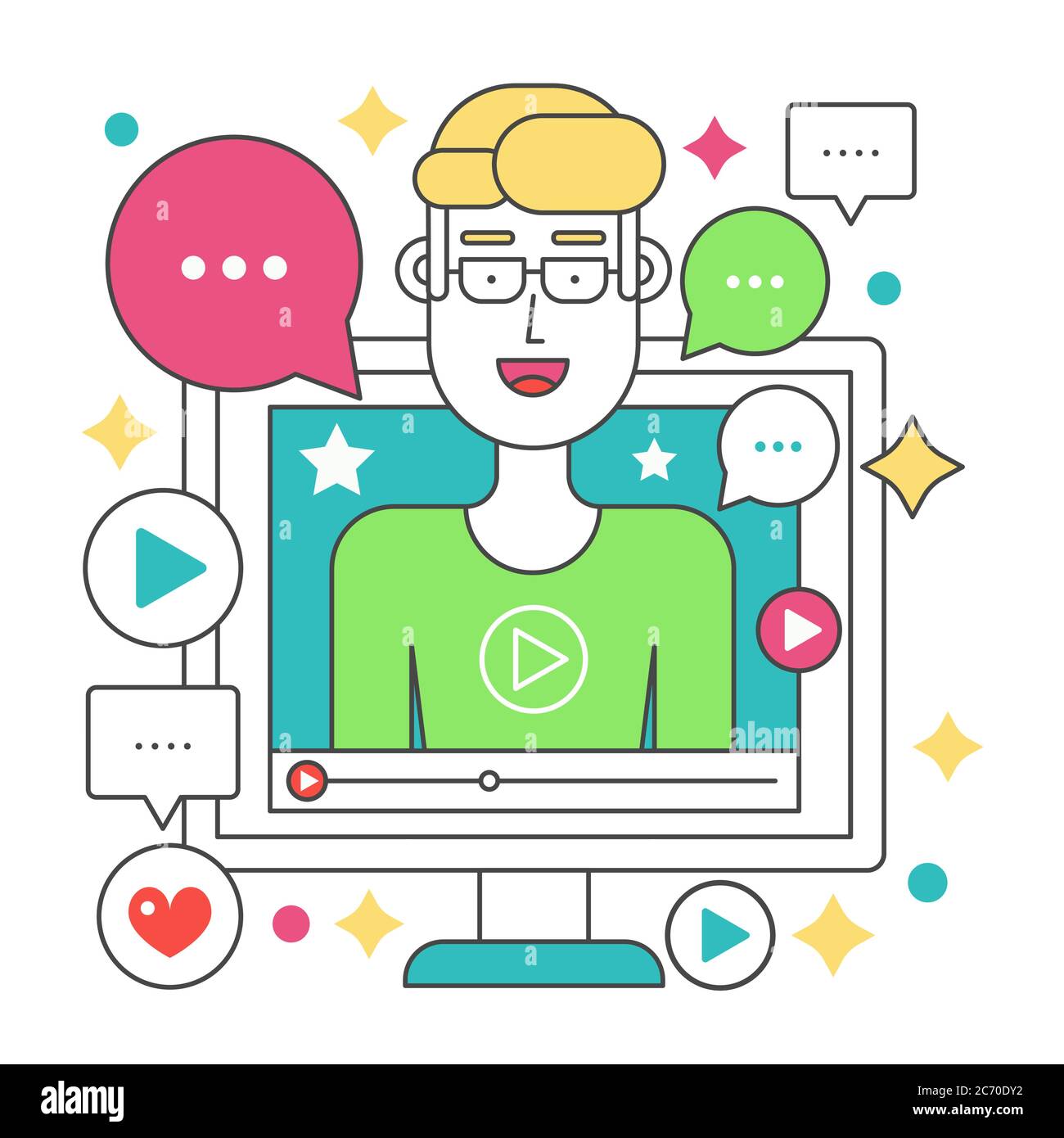 Video blogger flat line concept. Computer screen with man blogger