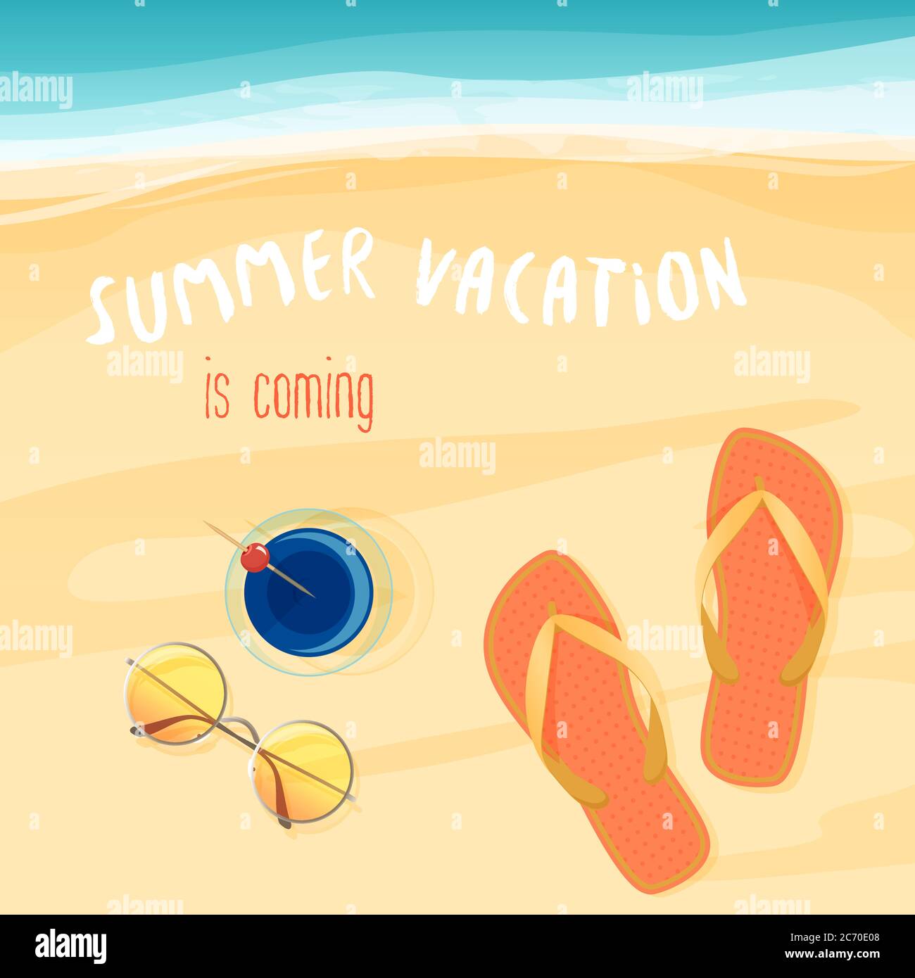 Vector illustration of summer vacation is coming text with sunglasses, cocktail, and beach shoes Stock Vector