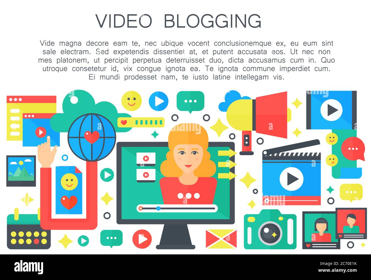 Video blogger cartoon flat concept. Computer screen with female woman blogger. Personal blogging channel broadcasting. Vector web template illustration Stock Vector