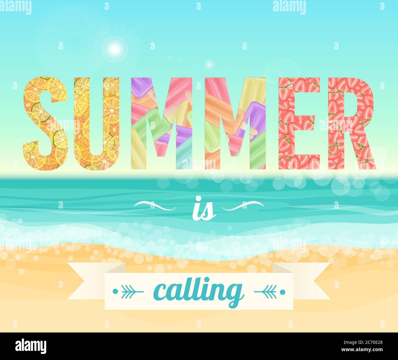 Colorful Summer is calling words on the background of the sea beach. Exotic banner, poster, flyer, card, postcard, cover brochure Vector illustration Stock Vector