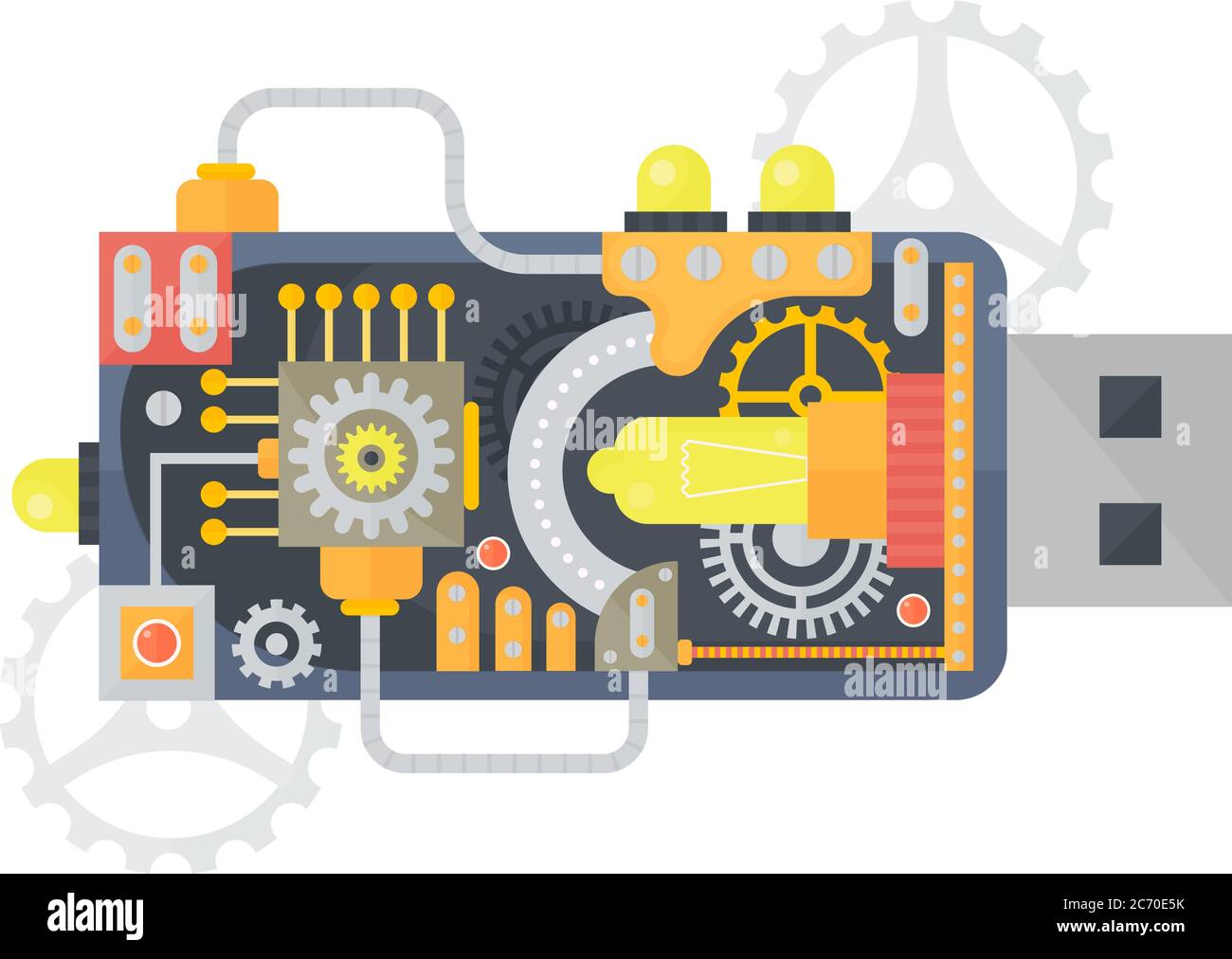Vector illustration of USB flash drive with different small gears and lamps inside Stock Vector