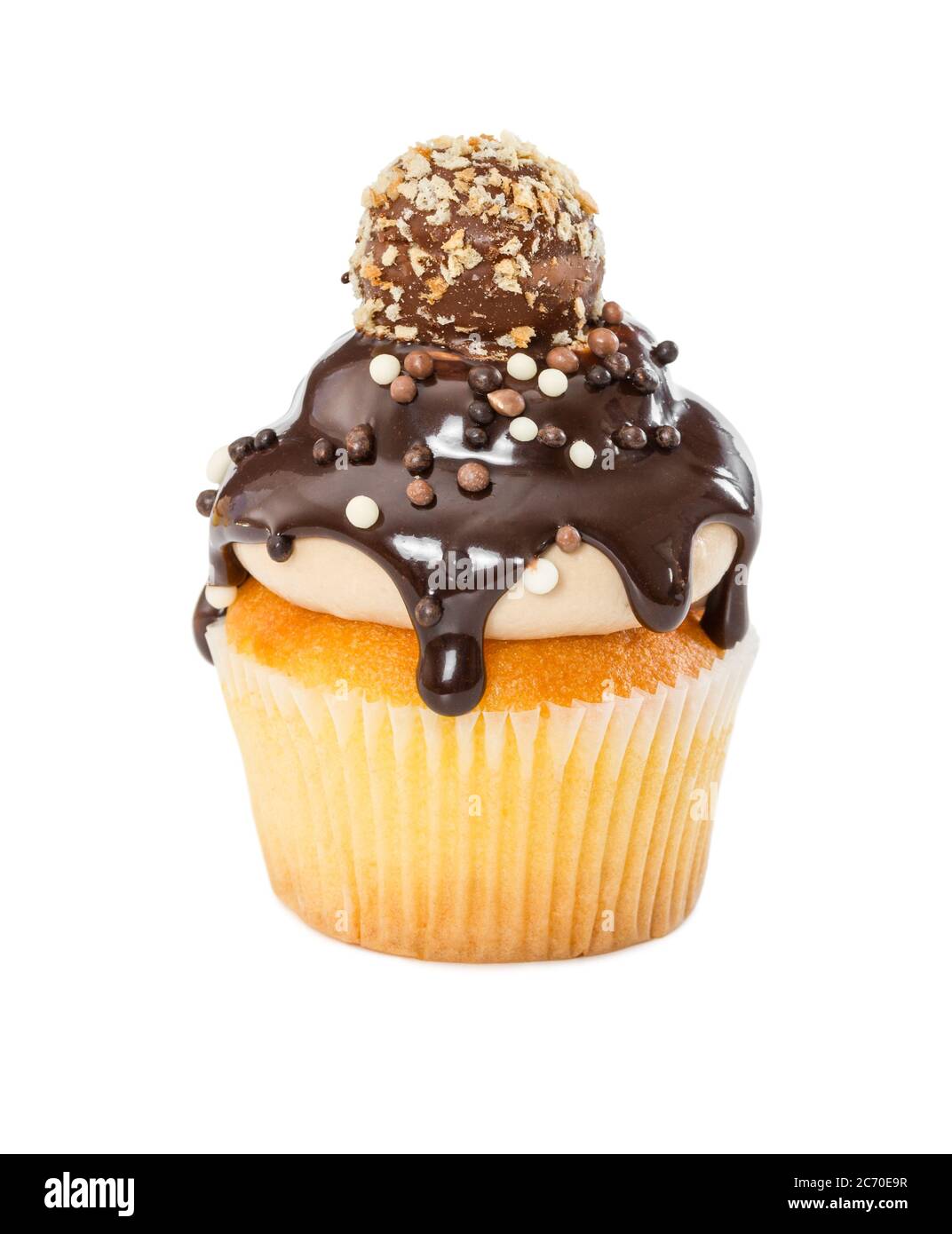 Cupcake with chocolate syrup, sprinkles and candy isolated on white background Stock Photo Alamy