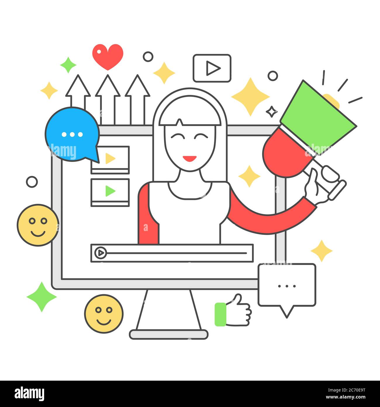 Video blogger flat line concept. Computer screen with female woman blogger. Personal blogging channel broadcasting thin outline stroke vector illustration Stock Vector