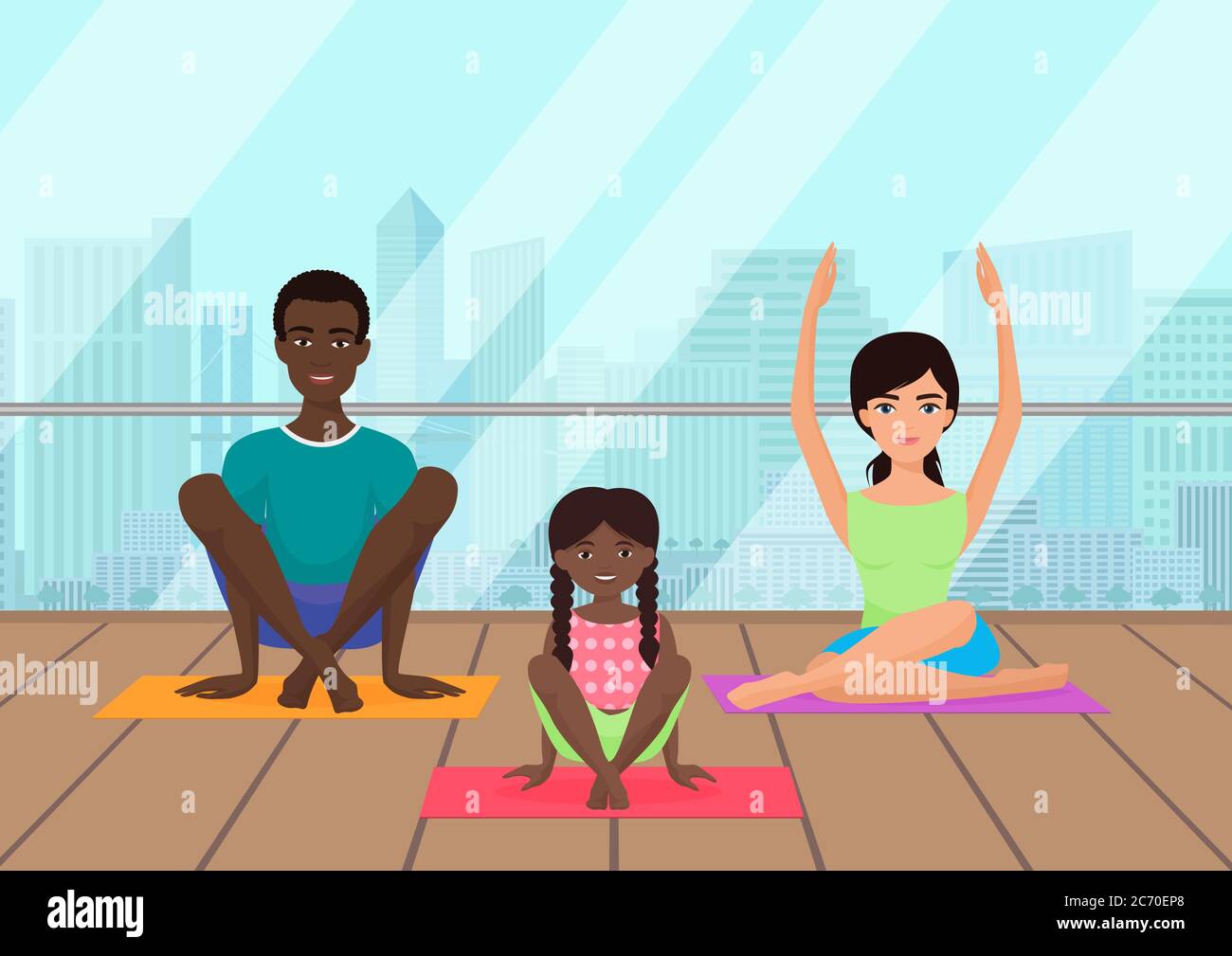 Vector illustration of the multi-ethnic family meditating in fitness room on the city background Stock Vector