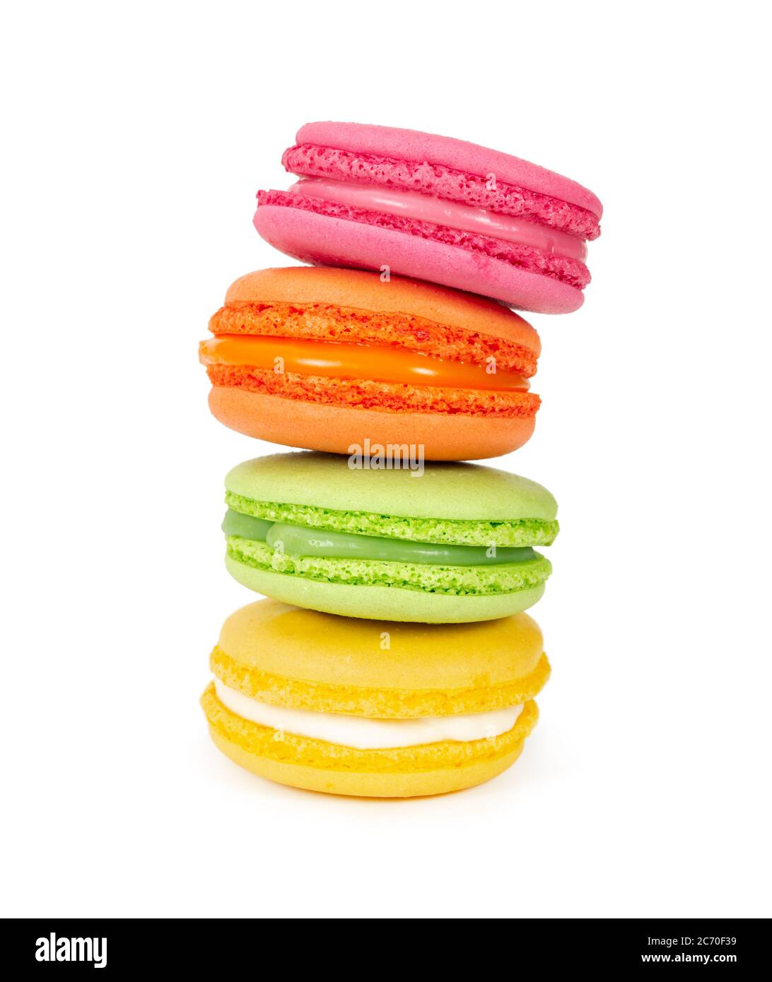 Stack of colorful french macaroons isolated on white background Stock Photo
