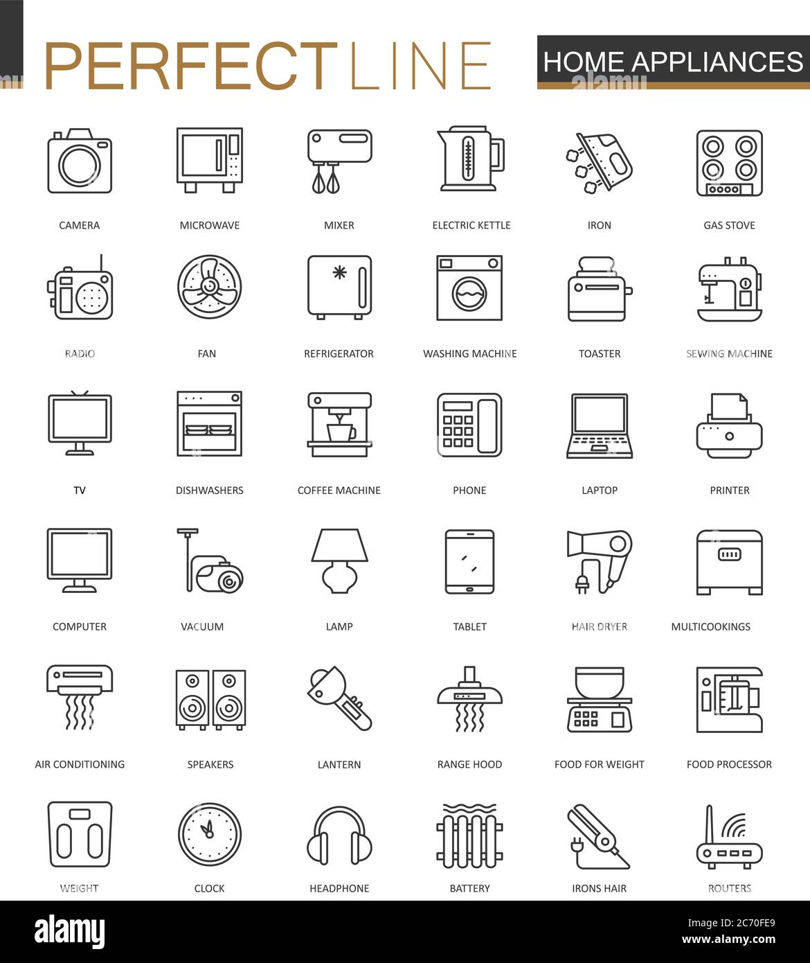 Household appliances thin line web icons set. Outline stroke icons ...
