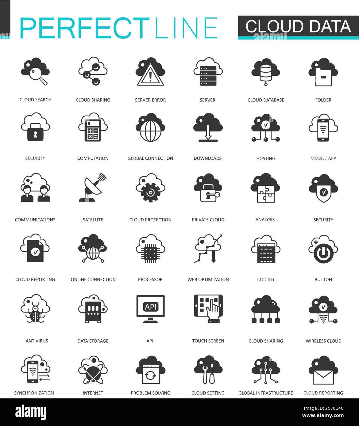 Black classic Data cloud technology web icons set. Global connection icon isolated Stock Vector