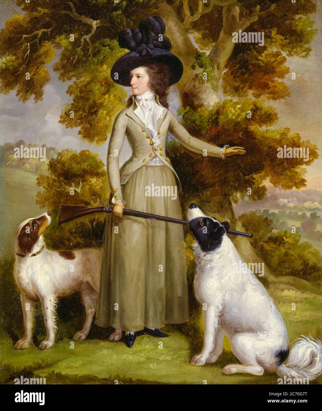 Elizabeth Howard, Countess of Effingham (d. 1791), with a gun and shooting dogs, portrait painting by George Haugh , 1787 Stock Photo