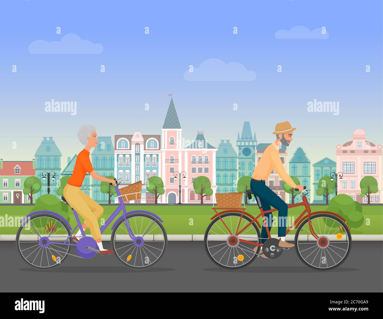 Active senior character, age travelers. Old age retired tourists couple. Elderly people riding on a bicycle near old city park. Cartoon vector illustration Stock Vector